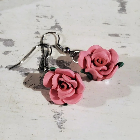 Pink Rose Flower Handcrafted Fimo Polymer Clay Bead Dangle Earrings - Picture 4 of 5